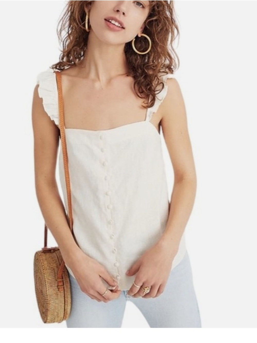Madewell Cream Ruffle-Shoulder Button-Front Cami